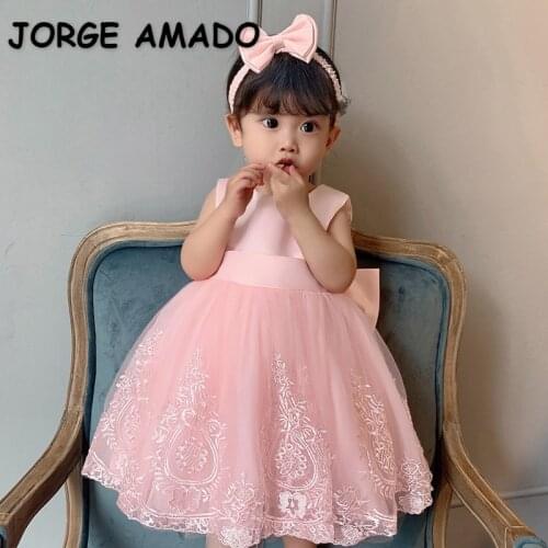 2021 Summer Girls Party Dress Lace Sleeveless Floral Girl Bow Cake Dresses for Weddings Kids Children Clothes E7839