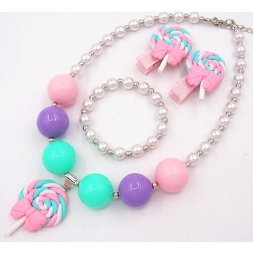 3pcs/Set 2020 Lovely Kids Girl Pink Bow Lollipop Charm 20mm Chunky Beads Necklace Bracelet Hairpin Birthday Gift For Child Girls