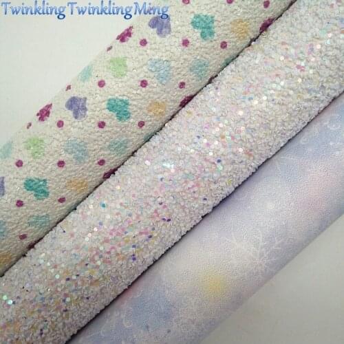 WHITE Glitter Fabric, Hearts Printed synthetic leather, Faux Fabric Sheets For Bow A4 21x29CM Twinkling Ming XM018D