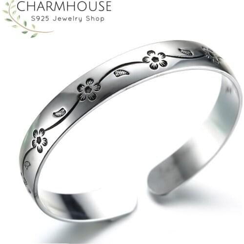 Charmhouse Pure Silver Bangles For Women Vintage Flower Cuff Bangle & Bracelet Wristband Pulseira Femme Wedding Bridal Jewelry