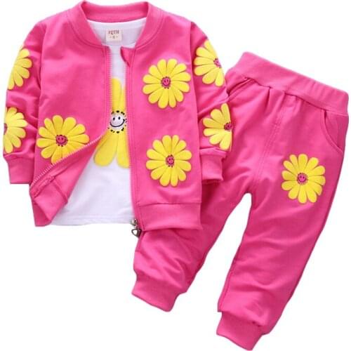 Spring Autumn Baby Girl Cotton Sport Suit Toddler Kids Clothes Children Infant Flowers Hoodies Jacket Trousers Pant Casual Set
