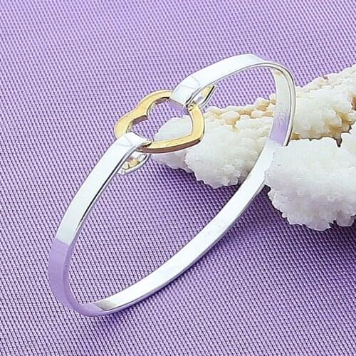 DOTEFFIL 925 Sterling Silver Gold Heart Bangle Bracelet For Woman Wedding Engagement Fashion Charm Party Jewelry