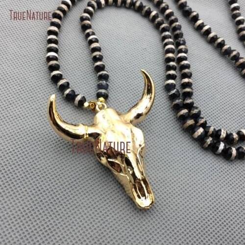Elegant Beads Stone Necklace Resin Full Gold Finish Cattle Head Charm Necklace Dzi Agates Yoga Boho Agates Women Necklace NM4319