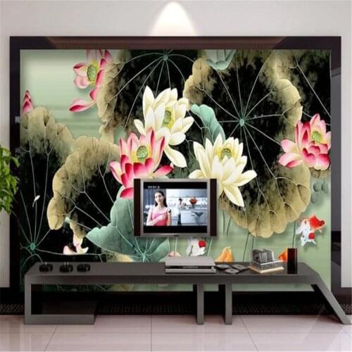 Milofi professional large wallpaper mural custom carp play lotus painting painting TV sofa background wallpaper wallpaper