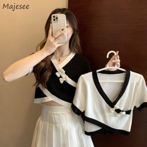 T-shirts Women V-neck Short Sleeve Newly Summer Tees Patchwork Classic Basic Leisure All-match Fashion Ulzzang Elegant Slim Ins