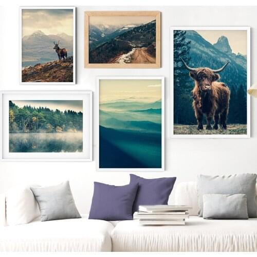 Highland Cow Landscape Wall Art Green Mountain Canvas Painting Lake Posters And Prints Deer Forest Pictures For Living Room