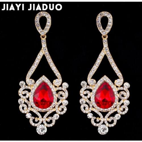 Jiayijia Luxury Crystal Long Earrings for Women Rhinestone Gold Color Red Hanging Earrings Fashion Wedding Jewelry Drop Shipping