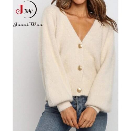 Women Elegant Long Sleeve Mohair Sweater Cardigan Casual Single-Breasted Short Soft Autumn Winter Knitted Coat Jumper Pull Femme