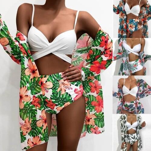Swimsuit Three Pieces Women Floral Printed Sexy Bikini Push-Up Padded Swimwear Ruffle Swimsuit High Waist Beachwear