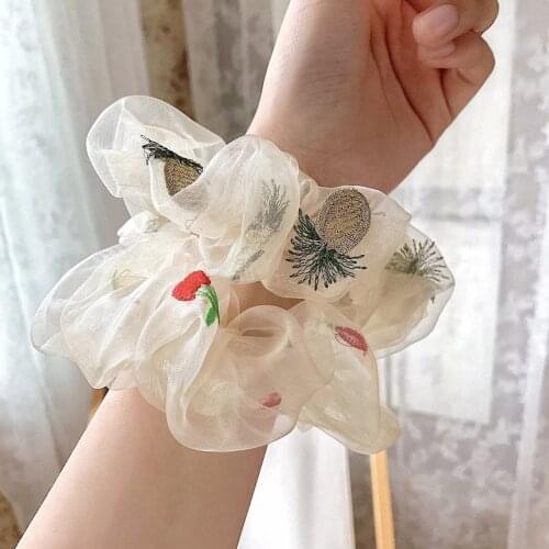 Fashion White Mesh Floral Embroidery Womens Hair Scrunchies Hair Tie Hair Accessories Ponytail Holder Summer Girls Hair Rope