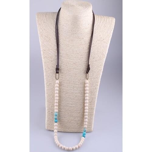 MOODPC Free Shipping fashion Natural Stones Antique Bronze Plated Link Bead Necklae Brown Leather Necklace