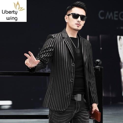 Brand Men Real Leather Autumn Long Sleeve Blazer Business Casual Sheepskin Suit Jacket Striped Black Short Coat