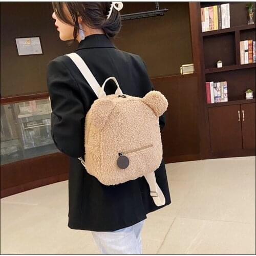 Newest Arrival Women Girls Cute Bear Ear Fleece Small Backpacks Casual Warm Lambswool Daypack Bags Shoulder Bags Backpacks
