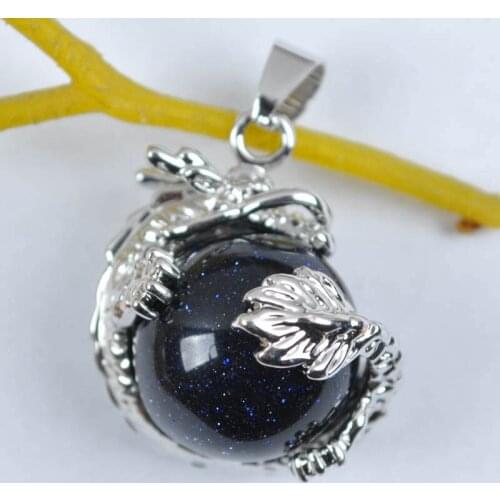 Dragon Pendant Natural Stone 16MM Round Bead Blue Sandstone Fit Necklace For Men Women Jewelry Gift Earrings Gem K1902