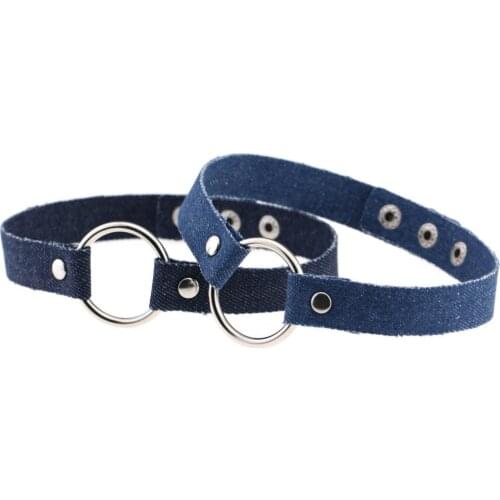 Simple Hippie Wide Dark Navy Blue Black Denim Jeans Fabric Hollow Round Charm Adjustable Choker Necklace For Women DIY Material