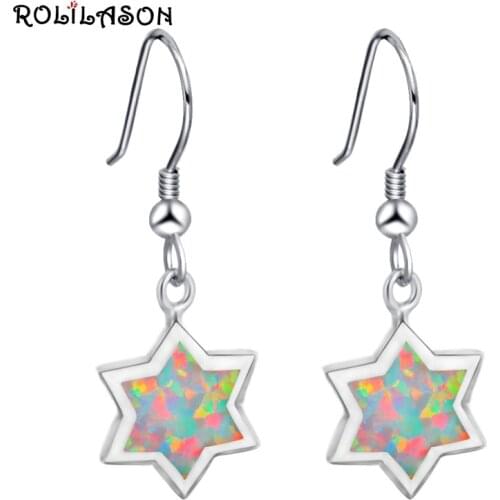 ROLILASON New Desing Five Star White Fire Opal Silver Stamped Drop Earrings Fashion Jewelry for Women OES665