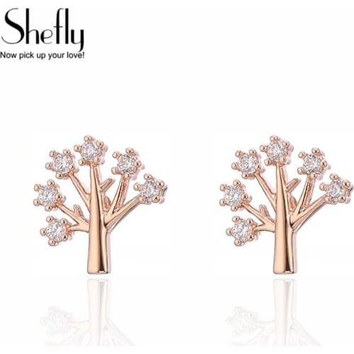 Cubic Zirconia Life Of Tree Stud Earring for Women Cute Plant Rose Gold Earrings Boucles d'oreilles femmes Christmas Party Gift