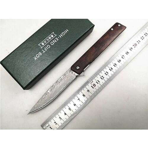 Free Wolf Damascus Folding knife wood handle Flipper Open Outdoor camping knife folding EDC survival hunting knife tool