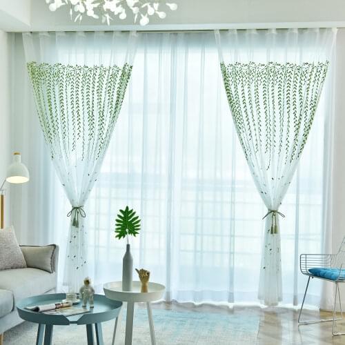 Green Willow Embroidered Tulle Curtains for Living Room Transparent Net Fabric Window Drapes for Kitchen Home Decoration wp438C