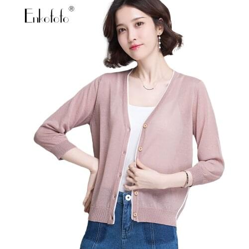 2019 Thin Cardigan Sweater Women Spring Summer Korean Style Ice Silk Long Sleeve V-Neck Striped Knit Loose Cardigans Coat Tops