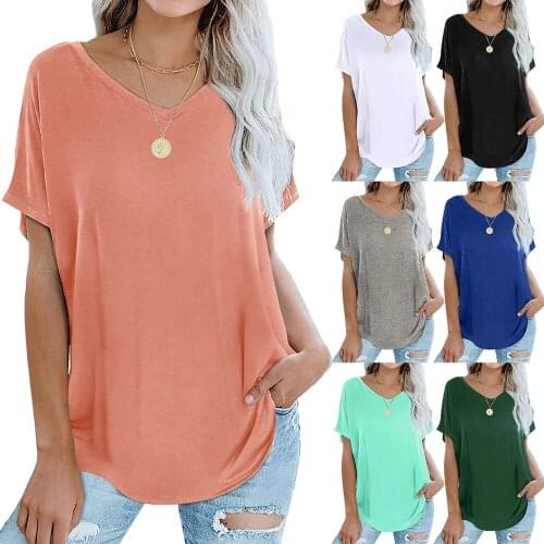 Womens Top European and American Solid Color Summer Casual Loose Version V-neck Short-sleeved T-shirt