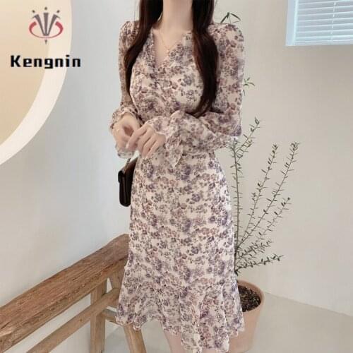 2021 Autumn Chiffon Dresses Print Floral V-Neck Office Lady Work Female Robe Dress Long Petal Sleeve Vestidos Loose DressKE1713