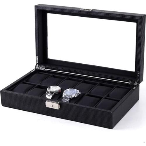 12 Grids Black Woven Pattern Watch Box PU Watch Case Boxes Storage Organizer for Men Watch Women Jewelry Boxes 2021 Best Gift