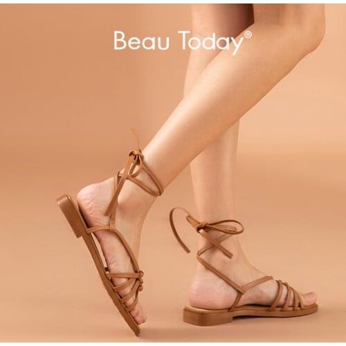 BeauToday Gladiator Sandals Women Microfiber Leather Flats Ankle Cross-Tied Square Toe Summer Beach Ladies Shoes Handmade 32267