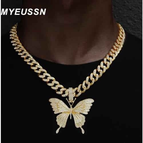 Men Women Hip Hop Iced Out Bling Butterfly Pendant Necklace With 13mm Cuban Chain Necklaces Men Gold Color Fashion Charm Jewelry