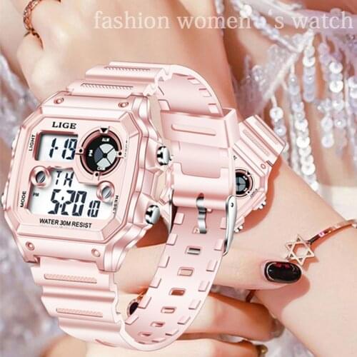 2021 LIGE New Luxury Rose Ladies Watch For Women Digital Waterproof Date Alram Clock Silicone Electronic LED Display Wristwatch