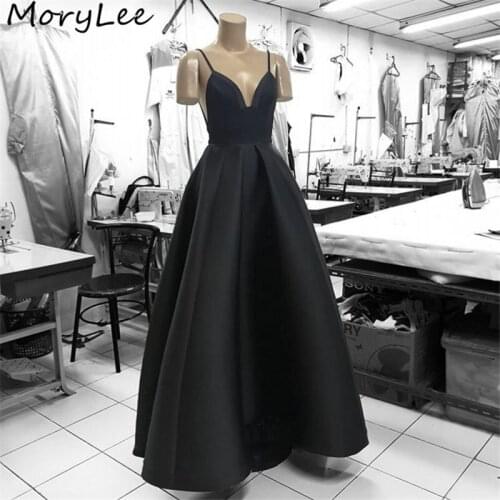 Prom Dresses Black V-Neck Spaghetti Straps A-Line Satin Pleated Prom Dresses With Zipper Back vestidos de fiesta de noche