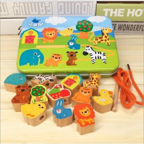 DHL 50set Beech Wood Blocks Cartoon Animals Fruit Block Wooden Toys Stringing Threading Beads Game Educational Toy