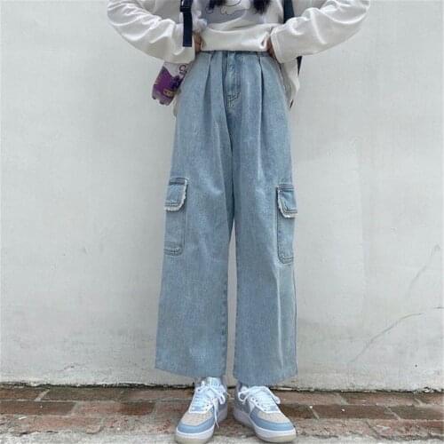 Fashion Solid Jeans Girls Straight Pants Trousers Big Pocket Female Harajuku High Street Denim Bagge Cool Autumn Jeans Femme