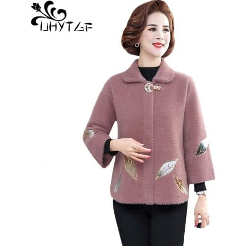UHYTGF elegant mother spring autumn wool coat quality mink cashmere casual short top single-breasted loose plus size jacket 1793