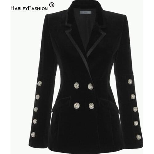 HarleyFashion New Trending Fall Winter Notched Exquisite Diamonds Buttons Top Quality Black Chic Velvet Blazer Casual Jackets