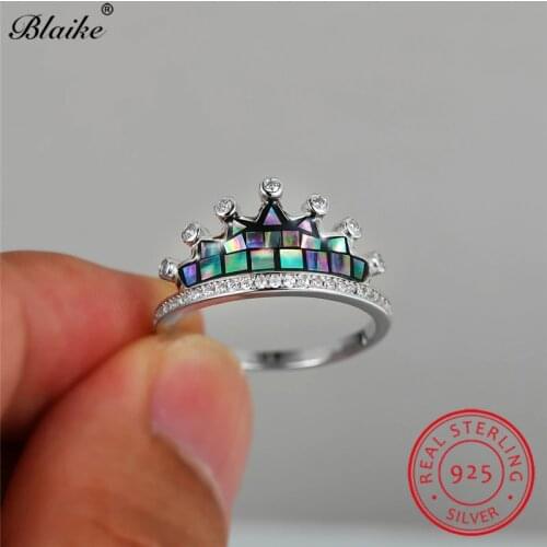 Solid s925 Sterling Silver Ring Rainbow Fire Topaz Crown Rings For Women Wedding Bands Zircon Engagement Ring Bridal Jewelry
