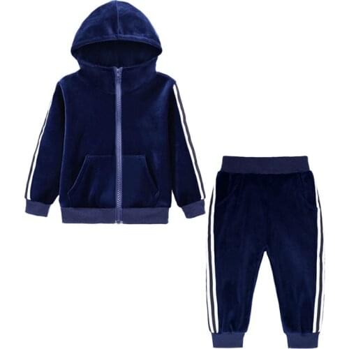 Gold Velvet Children Boys Sportswear Spring Autumn Kids Girls Clothes Sets Long Sleeve Hooded Tops+Pants 2 Pcs 0-7 Years