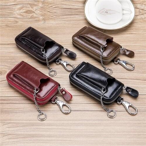 Leather Key Wallets Men Car Key Holders Cowhide Multifunction Zipper Home Key Case Housekeeper Women Smart Keychain