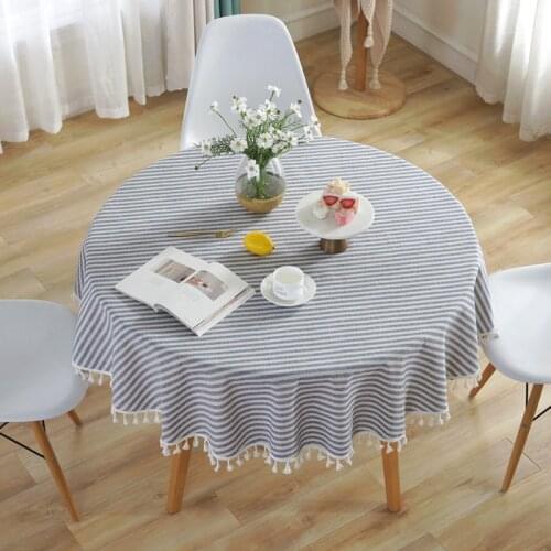 Round Japan style Striped Tassel Tablecloth Washable Polyester Cotton Christmas Decoration Table Cloth for Home Wedding Party