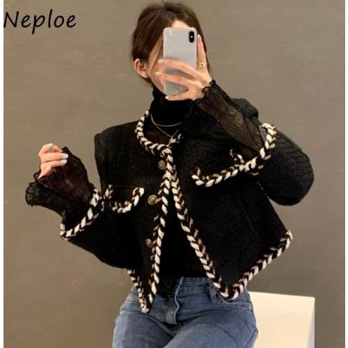 Retro Round Neck Outer Braided Edging Jacket Women Single-breasted Coat Mesh Stitching Long sleeve Short Woman Jacket