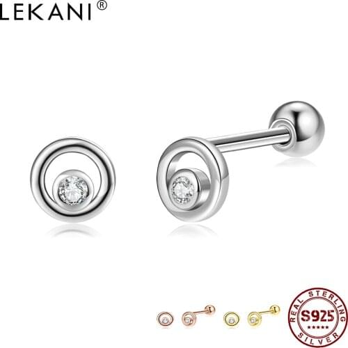 LEKANI Sterling Silver 925 Jewelry Double Circle Gold Color Stud Earrings For Women Cute Cubic Zirconia Earings Accessories