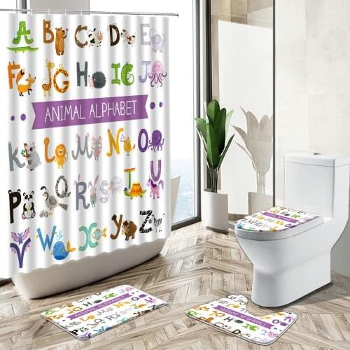 Cartoon Fun Animal Kid Shower Curtain Set Elephant Cow Unicorn Letter Art Design Non-Slip Rug Toilet Cover Bath Mat Home Deco