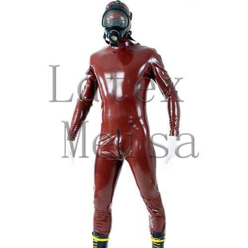 Novelty 100% handmade brown latex catsuit in Zentai with shoulders and crotch zippers decorations