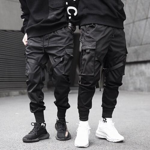 New Fashionable Darkly Stylish Mens Jogger Trousers Autumn Hip Hop Streetwear Side Pocket Ribbons Thin Sweatpants Pencil Pants