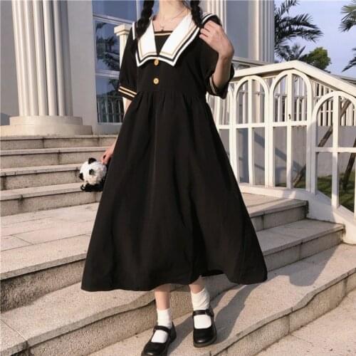 Japanese Style Lolita dressl College Style Loose Mid-Length Sailor Collar Short Sleeve Dress Womens Spring and Summer 2021 New