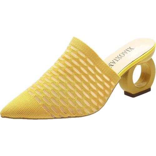 7cm Fretwork Heels Pointed Toe Slippers Women Shoes Stretch Fabric Air Mesh Mules Flip Flop Slip on Slides Plus Size 43
