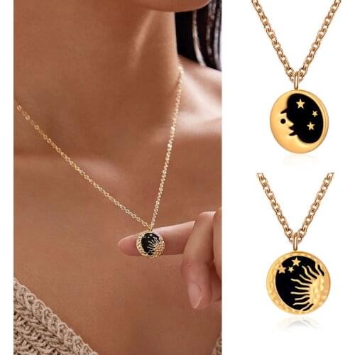 Yungqi Moon Sun Star Pendant Necklace For Women Minimalist Coin Charm Choker Stainless Steel Charm Necklace Vintage Jewelry BFF
