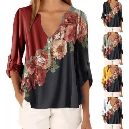 2020 summer Women Fashion Sexy V Neck Flower Print Casual Long Sleeves Top Shirt Blouse women clothes рубашка женская