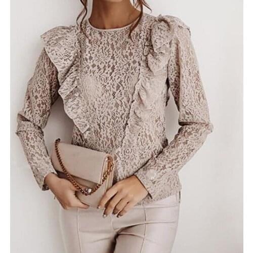Sleeve Ladies Shirt 2021 Spring Casual Pullover Button Top Blusalegant Solid Lace Hollow Out Blouse Tops Vintage