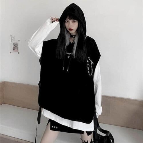 Hoodies womens sleeveless hooded jacket 2020 autumn new Korean version of ins retro personality dark function style sweatshirt